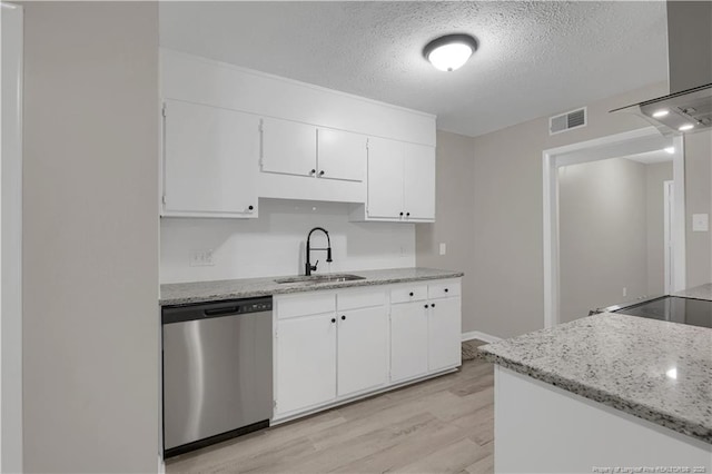6263 Stoney Point Loop, Fayetteville, NC 28306 - kitchen featuring dishwasher, a sink, a textured ceiling, light wood-style flooring, and white cabinets