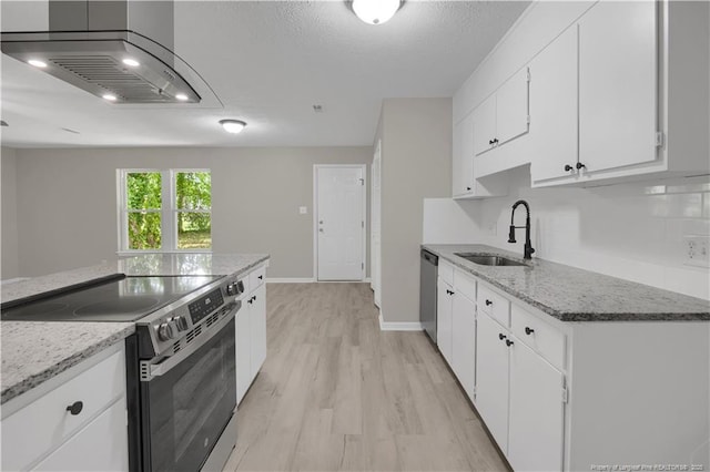 6263 Stoney Point Loop, Fayetteville, NC 28306 - kitchen with stainless steel appliances, a sink, wall chimney range hood, light stone counters, and a textured ceiling