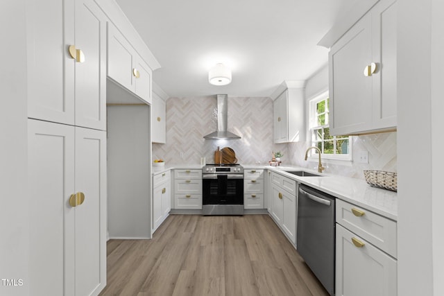 216 Burkwood Ln, Raleigh, NC 27609 - kitchen with appliances with stainless steel finishes, wall chimney range hood, a sink, tasteful backsplash, and light countertops