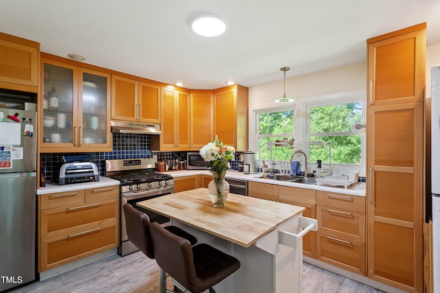 7 Woodward Way, Chapel Hill, NC 27516 - kitchen featuring appliances with stainless steel finishes, under cabinet range hood, a sink, butcher block countertops, and decorative backsplash