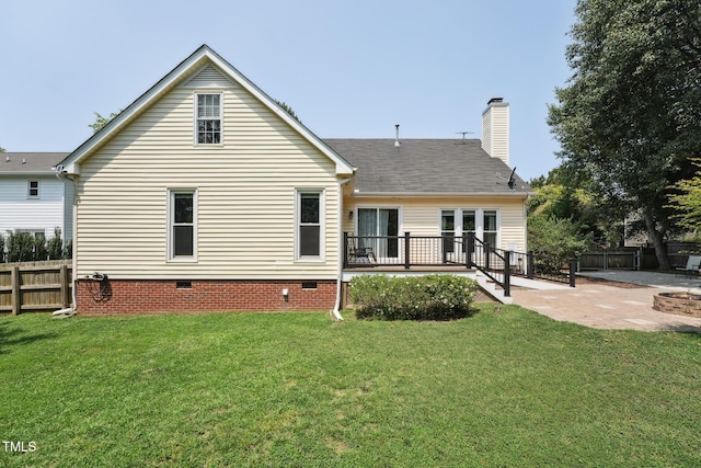 304 Cayman Ave, Holly Springs, NC 27540 - rear view of house featuring crawl space, a patio area, a deck, a chimney, and an outdoor fire pit