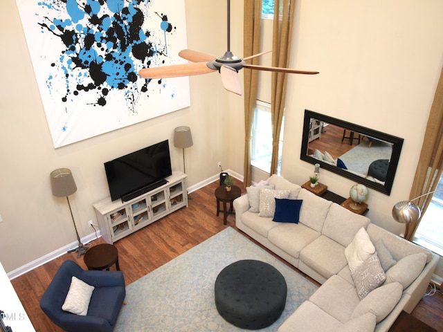 3650 Pleasants Ridge Dr, Wake Forest, NC 27587 - living room with wood finished floors, baseboards, and ceiling fan