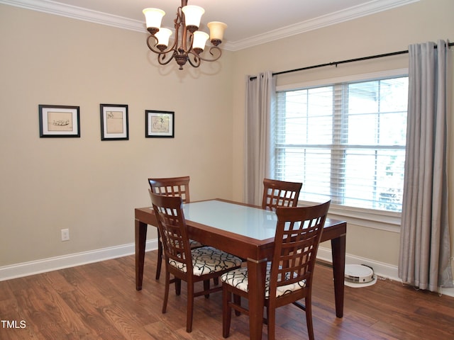 3650 Pleasants Ridge Dr, Wake Forest, NC 27587 - dining area featuring ornamental molding, a chandelier, baseboards, healthy amount of natural light, and wood finished floors