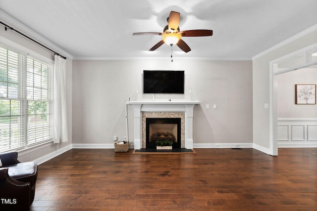 8201 Ivymount Way, Raleigh, NC 27613 - unfurnished living room with a ceiling fan, wood finished floors, ornamental molding, a fireplace with flush hearth, and baseboards