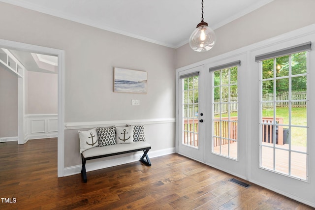 8201 Ivymount Way, Raleigh, NC 27613 - doorway with french doors, wood finished floors, and crown molding