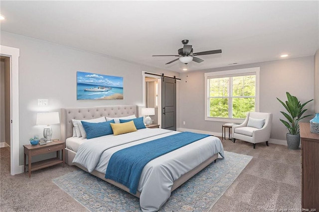 3029 Candlelight Dr, Fayetteville, NC 28311 - bedroom with carpet flooring, a barn door, baseboards, ceiling fan, and recessed lighting