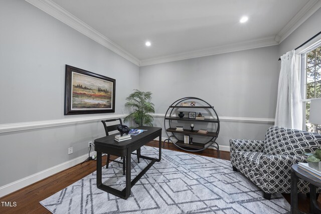 1006 Henny Pl, Raleigh, NC 27614 - office area with wood finished floors, crown molding, baseboards, and recessed lighting