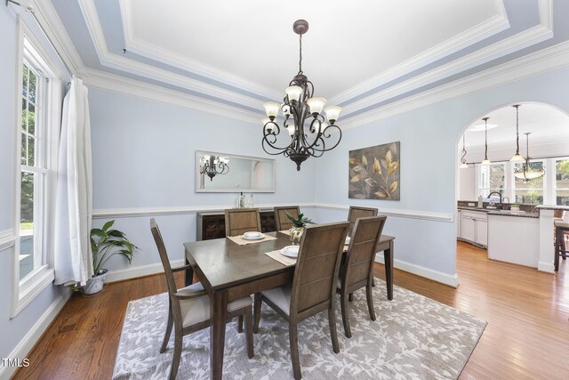 1006 Henny Pl, Raleigh, NC 27614 - dining area featuring a tray ceiling, a chandelier, plenty of natural light, and crown molding