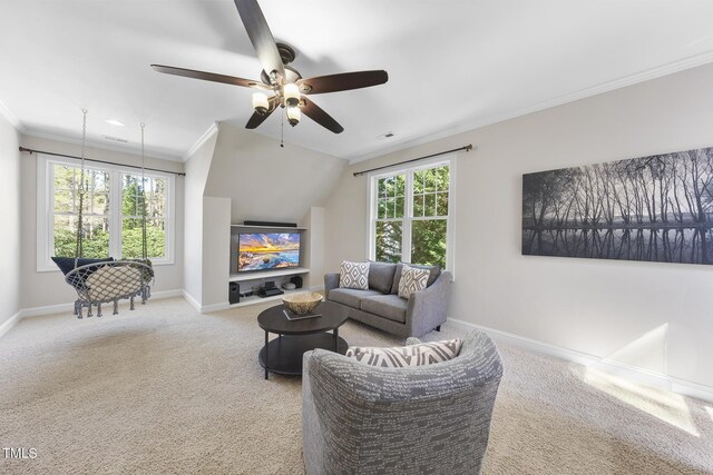 1006 Henny Pl, Raleigh, NC 27614 - carpeted living room with baseboards, crown molding, ceiling fan, and lofted ceiling