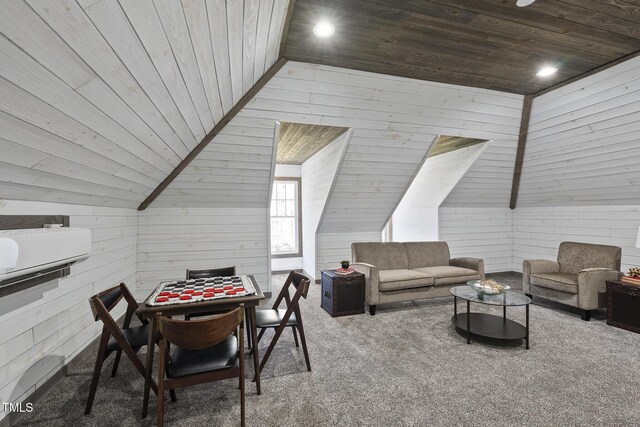 1006 Henny Pl, Raleigh, NC 27614 - carpeted dining space with wood ceiling, vaulted ceiling, and wooden walls