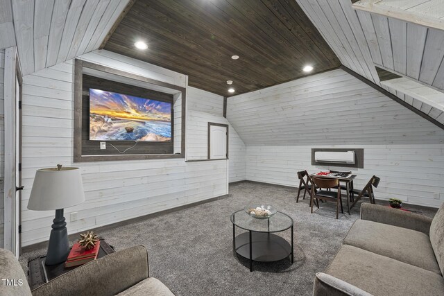 1006 Henny Pl, Raleigh, NC 27614 - carpeted living room featuring wooden walls, wood ceiling, vaulted ceiling, and recessed lighting
