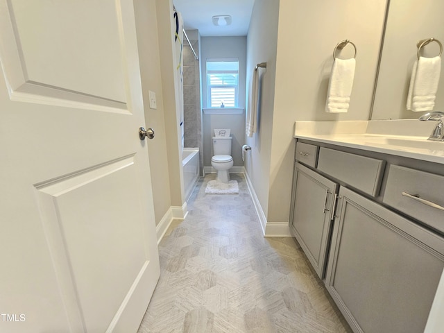 1412 Queen Trigger Dr, Fuquay Varina, NC 27526 - bathroom with vanity, baseboards, shower / bathtub combination, and toilet