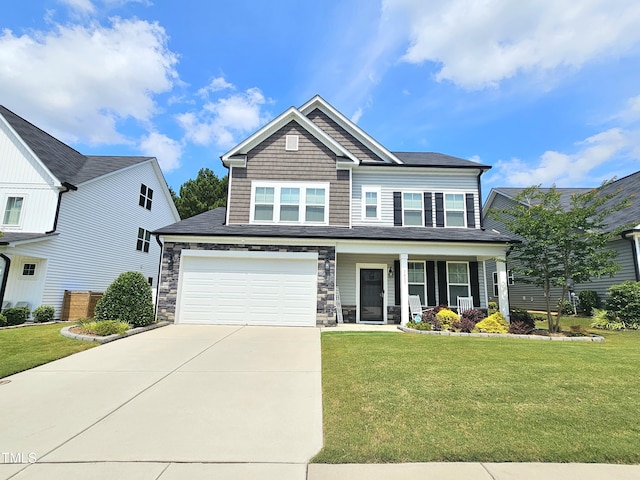 1412 Queen Trigger Dr, Fuquay Varina, NC 27526 - craftsman inspired home featuring driveway, covered porch, a front yard, and a garage
