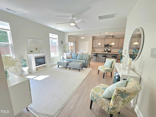 1412 Queen Trigger Dr, Fuquay Varina, NC 27526 - living room with light wood finished floors, baseboards, a ceiling fan, and a glass covered fireplace