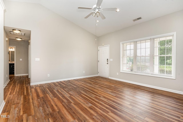5437 Advantis Dr, Raleigh, NC 27610 - empty room featuring a ceiling fan, wood finished floors, high vaulted ceiling, and baseboards