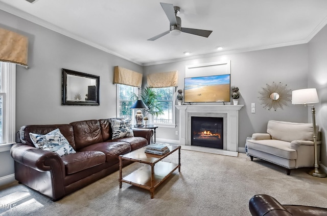 908 Town Side Dr, Apex, NC 27502 - living area with ornamental molding, carpet flooring, a ceiling fan, a glass covered fireplace, and baseboards