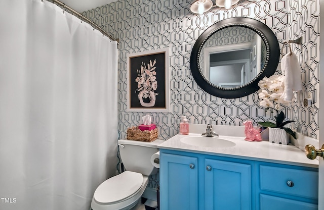 908 Town Side Dr, Apex, NC 27502 - full bathroom with toilet, vanity, wallpapered walls, and a shower with shower curtain
