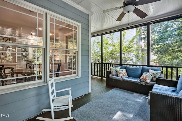 908 Town Side Dr, Apex, NC 27502 - sunroom / solarium featuring an outdoor hangout area, a ceiling fan, and healthy amount of natural light