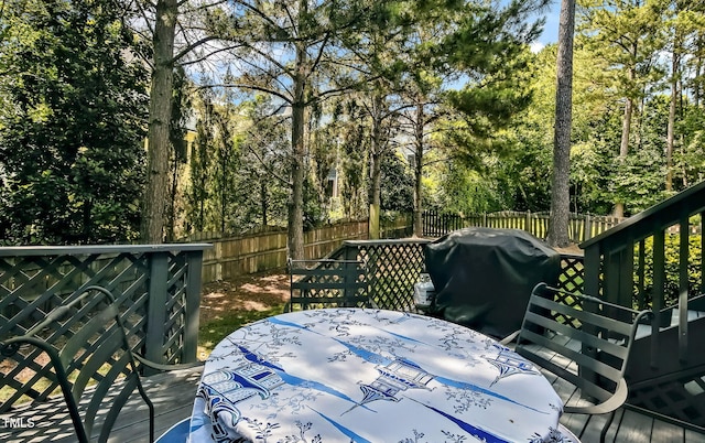 908 Town Side Dr, Apex, NC 27502 - deck featuring a fenced backyard, outdoor dining area, view of wooded area, and area for grilling