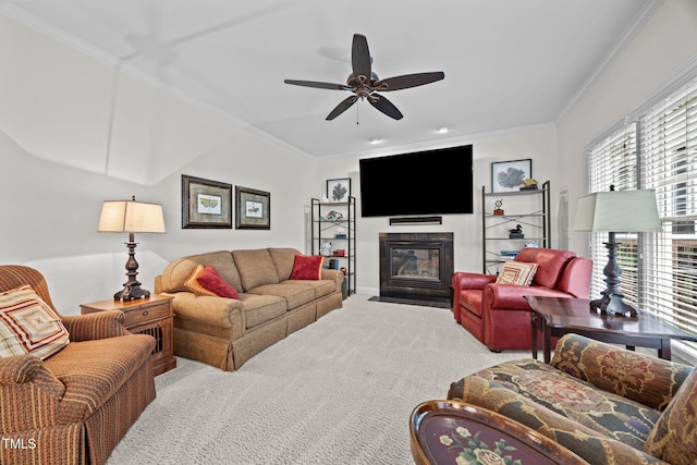 1412 Kings Lassiter Way, Raleigh, NC 27614 - carpeted living room with crown molding, ceiling fan, and a fireplace with flush hearth