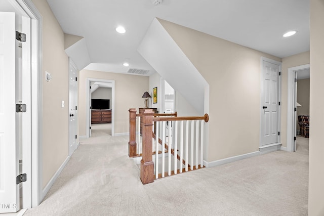 1412 Kings Lassiter Way, Raleigh, NC 27614 - hallway featuring light colored carpet, an upstairs landing, recessed lighting, and baseboards