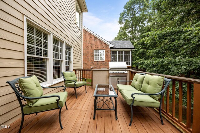 1412 Kings Lassiter Way, Raleigh, NC 27614 - wooden deck featuring outdoor lounge area and a grill
