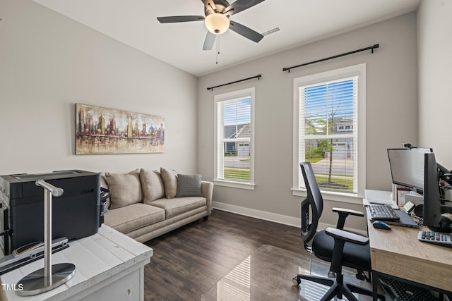 797 S Wilma St, Angier, NC 27501 - office area with a ceiling fan, baseboards, and dark wood-style flooring