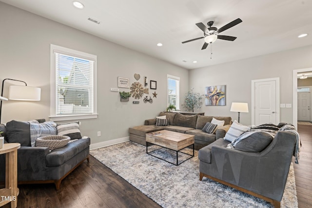 797 S Wilma St, Angier, NC 27501 - living room featuring wood finished floors, a ceiling fan, recessed lighting, and baseboards