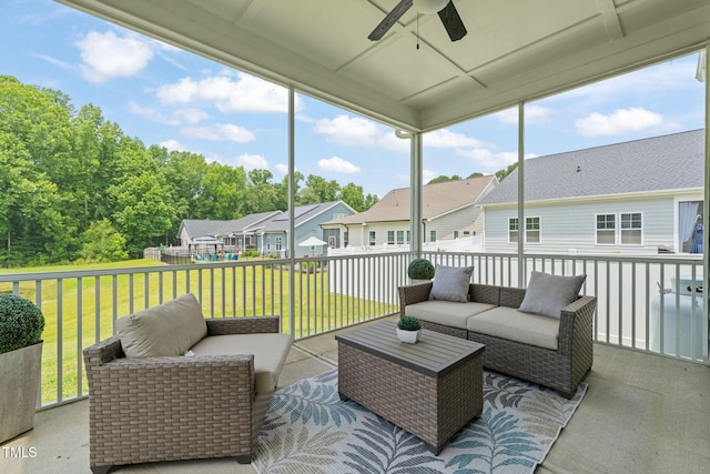 797 S Wilma St, Angier, NC 27501 - sunroom featuring a ceiling fan, an outdoor living space, and a residential view