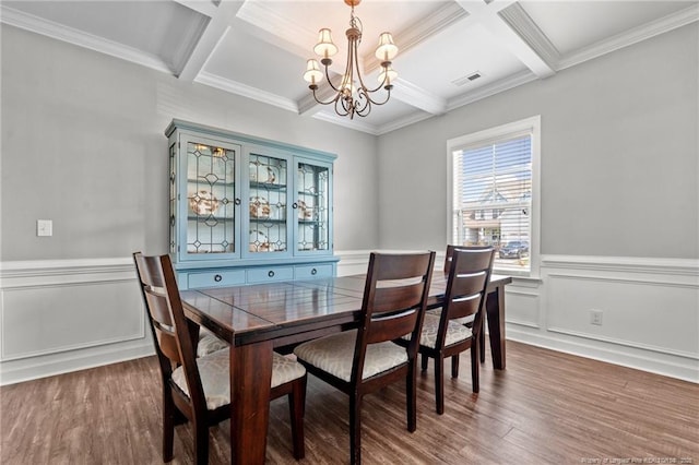 3024 Eagle Crest Ln, Fayetteville, NC 28306 - dining space featuring a chandelier, coffered ceiling, wood finished floors, beamed ceiling, and wainscoting