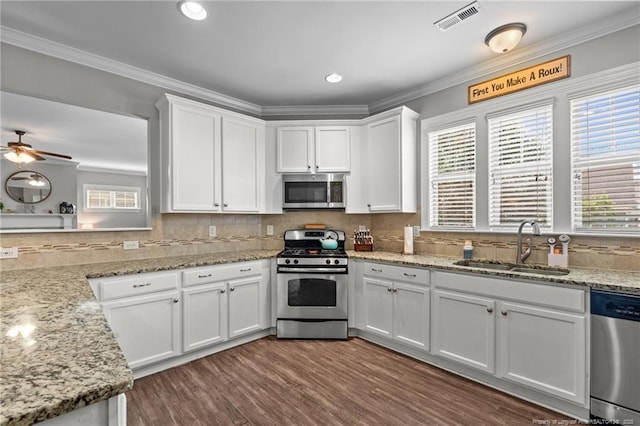 3024 Eagle Crest Ln, Fayetteville, NC 28306 - kitchen featuring appliances with stainless steel finishes, a sink, white cabinets, healthy amount of natural light, and ornamental molding