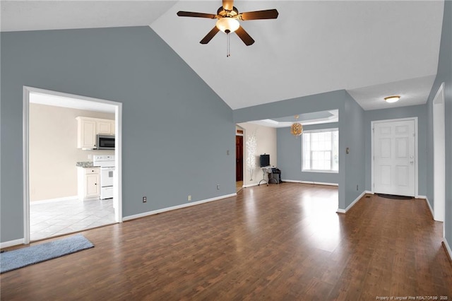 5533 Shady Pine Ct, Hope Mills, NC 28348 - unfurnished living room with a ceiling fan, wood finished floors, baseboards, and high vaulted ceiling
