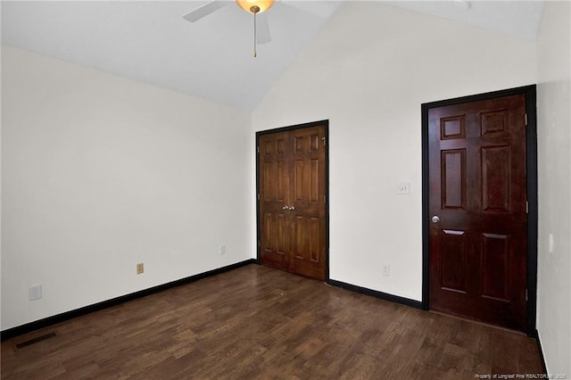 5533 Shady Pine Ct, Hope Mills, NC 28348 - unfurnished bedroom with high vaulted ceiling, dark wood-style floors, baseboards, and ceiling fan