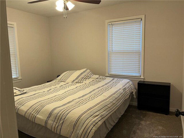 3914 Coventry Rd, Fayetteville, NC 28304 - bedroom featuring dark carpet, multiple windows, ceiling fan, and baseboards