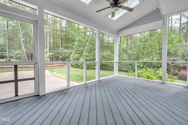 3004 Krogen Ct, Creedmoor, NC 27522 - unfurnished sunroom featuring ceiling fan, a skylight, and vaulted ceiling