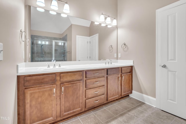 3004 Krogen Ct, Creedmoor, NC 27522 - full bath with double vanity, a stall shower, tile patterned floors, and baseboards