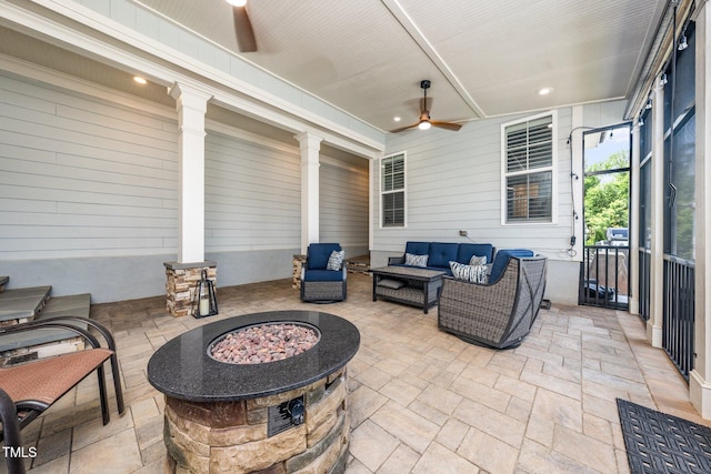 1705 Main Divide Dr, Wake Forest, NC 27587 - view of patio with an outdoor living space with a fire pit and a ceiling fan