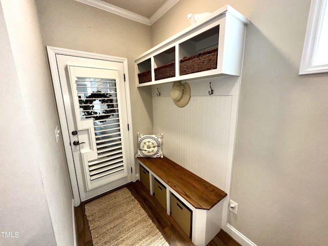 1705 Main Divide Dr, Wake Forest, NC 27587 - mudroom with ornamental molding and dark wood-type flooring