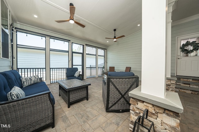 1705 Main Divide Dr, Wake Forest, NC 27587 - sunroom / solarium with ceiling fan, outdoor lounge area, and vaulted ceiling