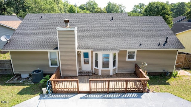 6767 Cedar Chest Ct, Fayetteville, NC 28314 - back of house featuring central AC unit, a shingled roof, and a deck