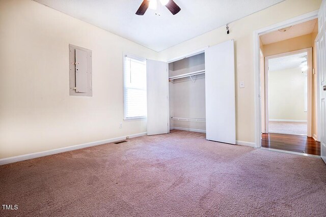 6767 Cedar Chest Ct, Fayetteville, NC 28314 - unfurnished bedroom with electric panel, carpet, baseboards, a closet, and a ceiling fan