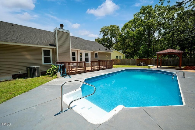 6767 Cedar Chest Ct, Fayetteville, NC 28314 - view of pool with a gazebo, a fenced backyard, central AC unit, a deck, and a patio area