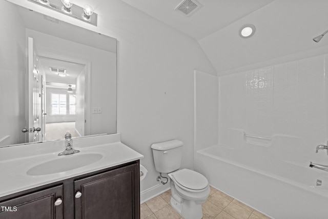 904 Pirouette Ct, Raleigh, NC 27606 - full bath featuring vanity, toilet, shower / bathtub combination, tile patterned floors, and vaulted ceiling