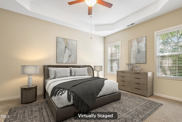 127 Bobwhite Way, Mebane, NC 27302 - carpeted bedroom featuring a tray ceiling, baseboards, multiple windows, and a ceiling fan