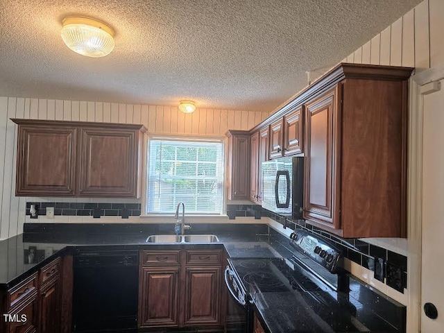 5301 Peacenest Dr, Raleigh, NC 27610 - kitchen with black appliances, a sink, a textured ceiling, dark countertops, and decorative backsplash