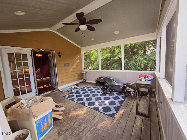 5301 Peacenest Dr, Raleigh, NC 27610 - sunroom / solarium featuring ceiling fan and vaulted ceiling