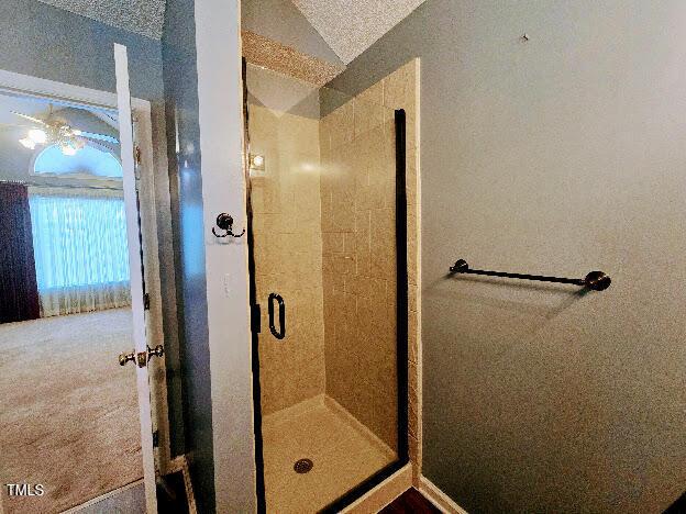 5301 Peacenest Dr, Raleigh, NC 27610 - bathroom with a shower stall, a ceiling fan, and lofted ceiling