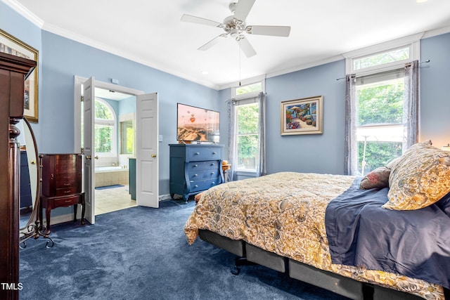 7401 Heartland Dr, Wake Forest, NC 27587 - carpeted bedroom featuring ornamental molding, ensuite bath, and ceiling fan