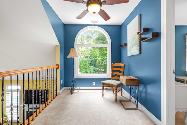 7401 Heartland Dr, Wake Forest, NC 27587 - living area featuring carpet flooring, ceiling fan, and baseboards