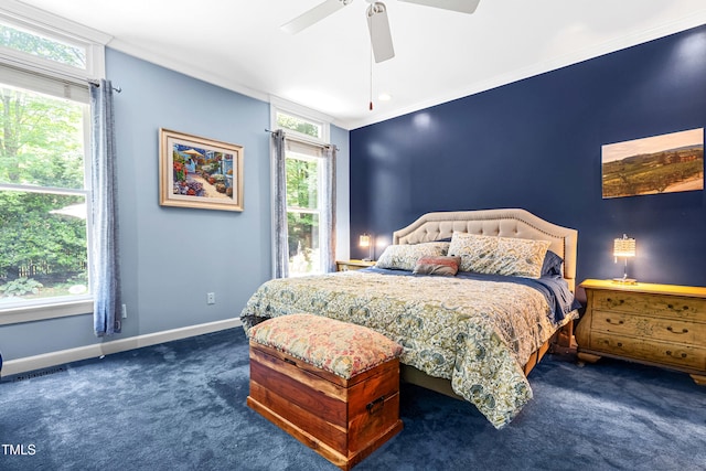 7401 Heartland Dr, Wake Forest, NC 27587 - bedroom featuring carpet floors, a ceiling fan, baseboards, and crown molding